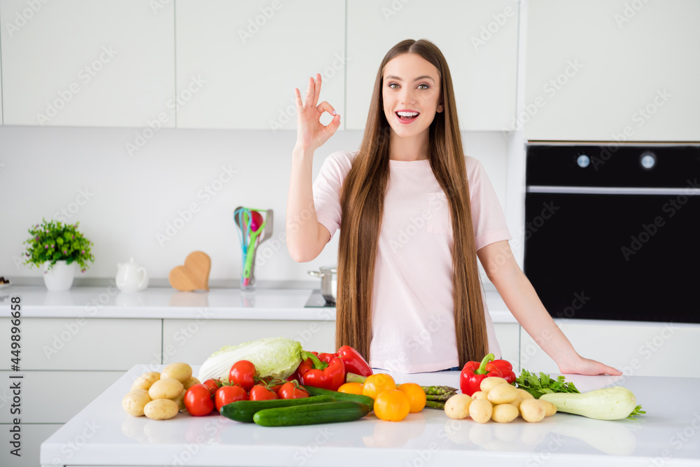 Portrait of attractive cheerful long-haired girl cooking fresh natural dinner showing ok-sign at home light white kitchen flat house indoors