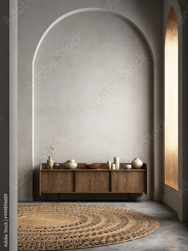 Interior with arcs, dresser and decor. 3d render illustration mockup.
