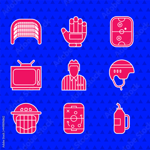 Set Hockey judge, referee, arbiter, Planning strategy, Fitness shaker, helmet, Retro tv, Air hockey table and Ice goal icon. Vector