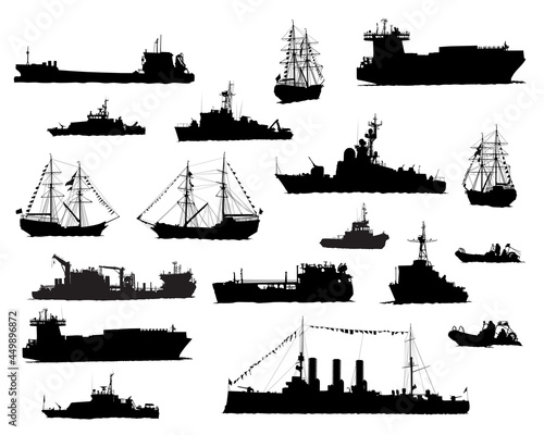 Large warship is sailing on the sea. Isolated silhouette on white background