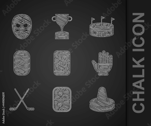 Set Planning strategy, Air hockey table, Mallet for playing air, Hockey glove, Ice sticks, rink, stadium and mask icon. Vector