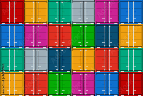 Cargo container in port from ship. Stack of container for export, import and shipping of cargo. Seamless background of transport logistic and freight. Colorful box with goods for warehouse. Vector