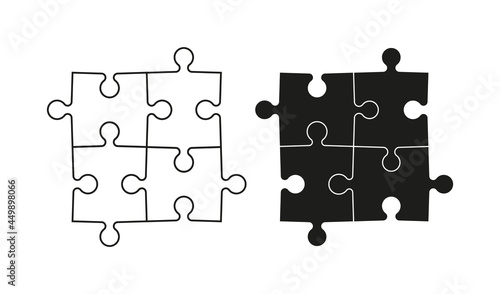 Puzzle icon. Jigsaw with four piece. Logo for logic and business solution. 4 part of puzzle for game. Black pictogram isolated on white background. Symbol of teamwork, combination, strategy. Vector.
