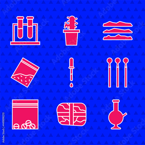 Set Pipette, Package with cocaine, Glass bong for smoking marijuana, Matches, Plastic bag of drug, Cocaine heroin and Test tube and flask icon. Vector