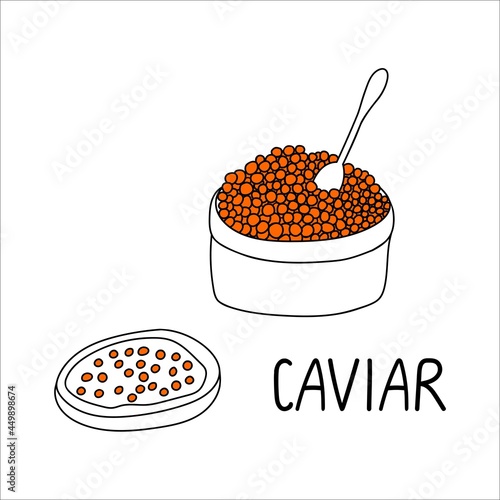 Red caviar doodle illustration. Tub of caviar with spoon, canape with caviar. Seafood vector illustration.