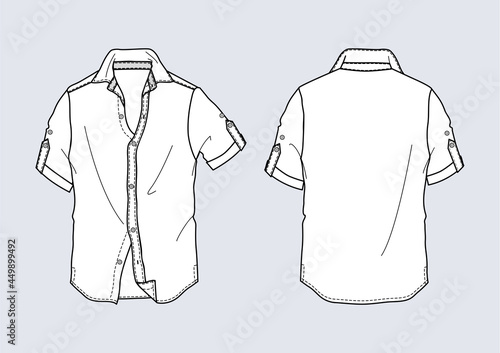 Camicia uomo manica corta disegno piatto sketch fashion illustration fronte e retro mock up vettoriale