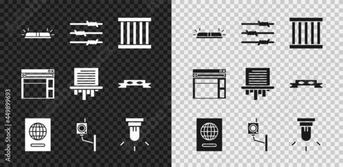 Set Flasher siren, Barbed wire, Prison window, Passport, Security camera, Motion sensor, Website template and Paper shredder icon. Vector