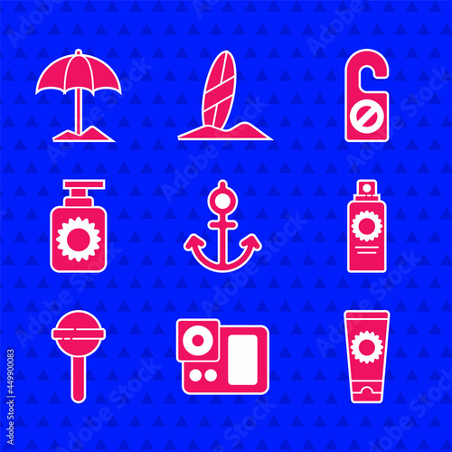 Set Anchor, Photo camera, Sunscreen cream in tube, spray bottle, Lollipop, Please do not disturb and protective umbrella for beach icon. Vector