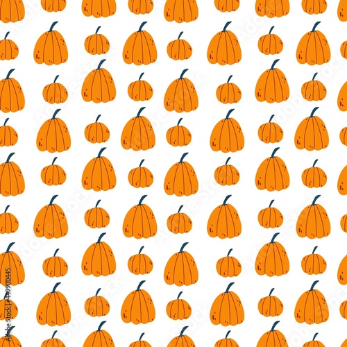 Seamless pattern for Thanksgiving, Halloween with pumpkin in hand drawn cartoon childish style on white background. Autumn harvest vector illustration for baby apparel, textile and product design