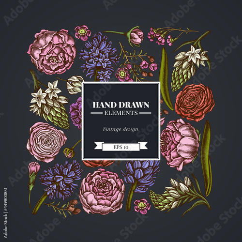 Square floral design on dark background with peony, carnation, ranunculus, wax flower, ornithogalum, hyacinth