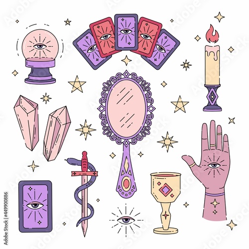Set of magic symbols, witch tattoos, prediction, tarot cards. Crystal ball, tarot cards, candle, hand with eye, mirror, sword and snake, goblet and stars.  Trendy vector illustration, boho design, mod