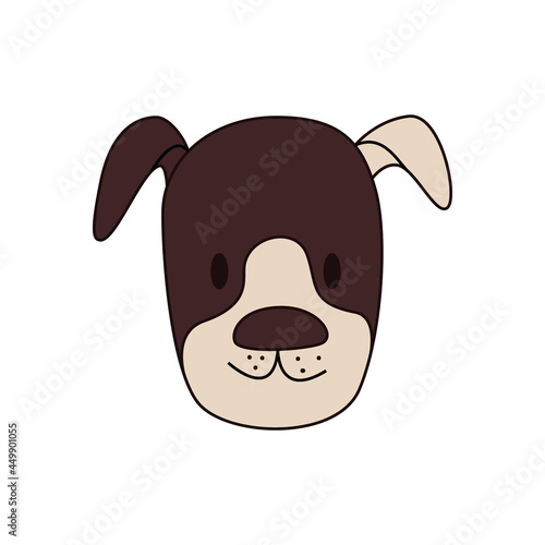 Cartoon dog head with white ear isolated. Colored vector illustration of a dogs head with an outline on a white background. Cute pet illustration.