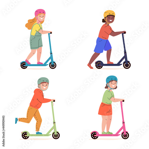 Happy children in helmets ride electric walk scooters. Modern child characters driving urban transport. Kids learn to ride scooter. Friendship. Flat vector illustration isolated on white background.