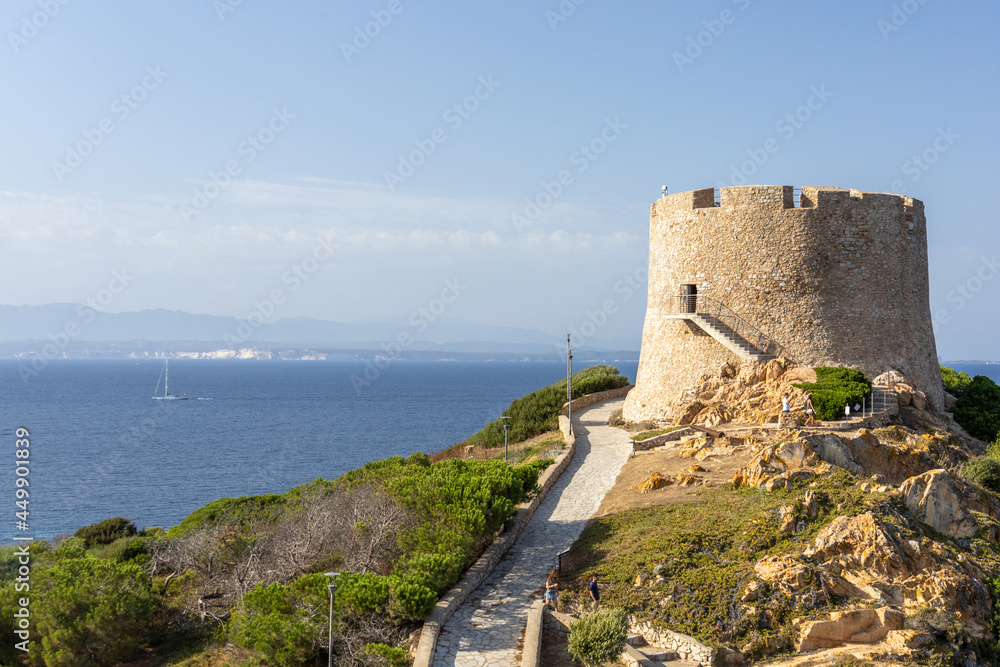 Torre Longonsardo Belvedere an excellent place to observe the cliffs of Bonifacio in Corsica from Sardinia