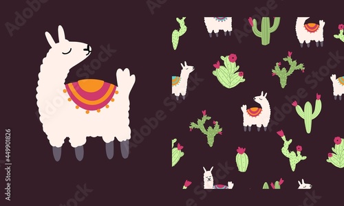 Lama alpaca seamless pattern with cactus. Vector illustration of nursery characters in cartoon hand drawn doodle childish style