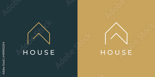 House Logo Line. White and Gold House Symbol isolated on Double Background. Usable for Real Estate, Construction, Architecture and Building Logos. Flat Vector Logo Design Template Element.