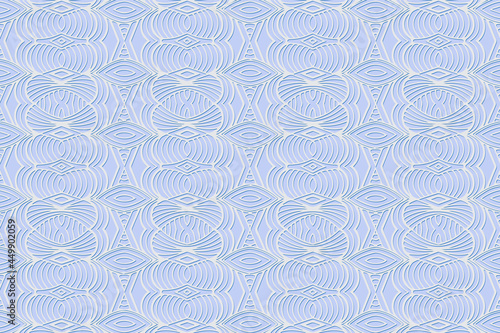 Geometric volumetric convex 3D white pattern. Embossed abstract blue background in traditional oriental, Indian style.Texture with ethnic ornament. Arabesque for design and decoration.