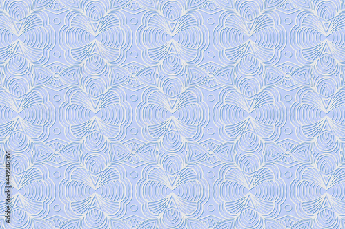 Geometric volumetric convex 3D white pattern. Embossed stylish blue background in traditional oriental, Indian style.Texture with ethnic ornament. Arabesque for design and decoration. 