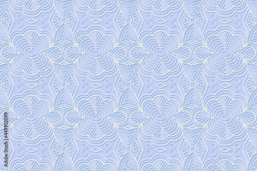 Geometric volumetric convex 3D white pattern. Embossed decorative blue background in traditional oriental, Indian style.Texture with ethnic ornament. Arabesque for design and decoration.