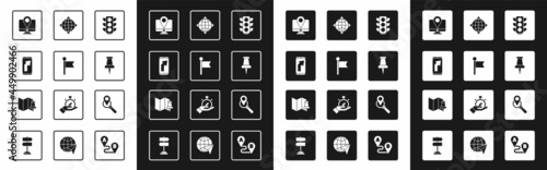 Set Traffic light, Location marker, City map navigation, Monitor with location, Push pin, World globe compass, Search and Folded push icon. Vector