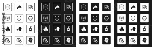 Set Shield protecting from virus, Corona covid-19, Washing hands with soap, Bottle of liquid antibacterial and Negative icon. Vector