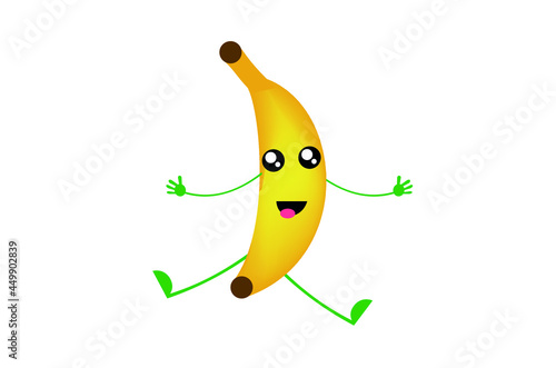 Personagem banana feliz . Ilustração isolada com fundo branco na cor amarela e verde .