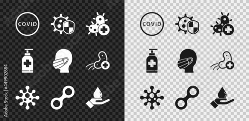 Set Corona virus covid-19, Shield protecting from, Positive, Virus, Washing hands with soap, Bottle of liquid antibacterial and Face medical protective mask icon. Vector