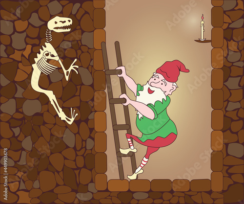 Funny cute mythological gnome climbs up from their cave by ladder