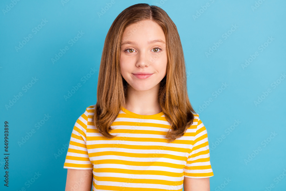 Photo of satisfied school person nice kind smile look camera isolated on pastel blue color background Photo of satisfied school person nice kind smile look camera isolated on pastel blue color background