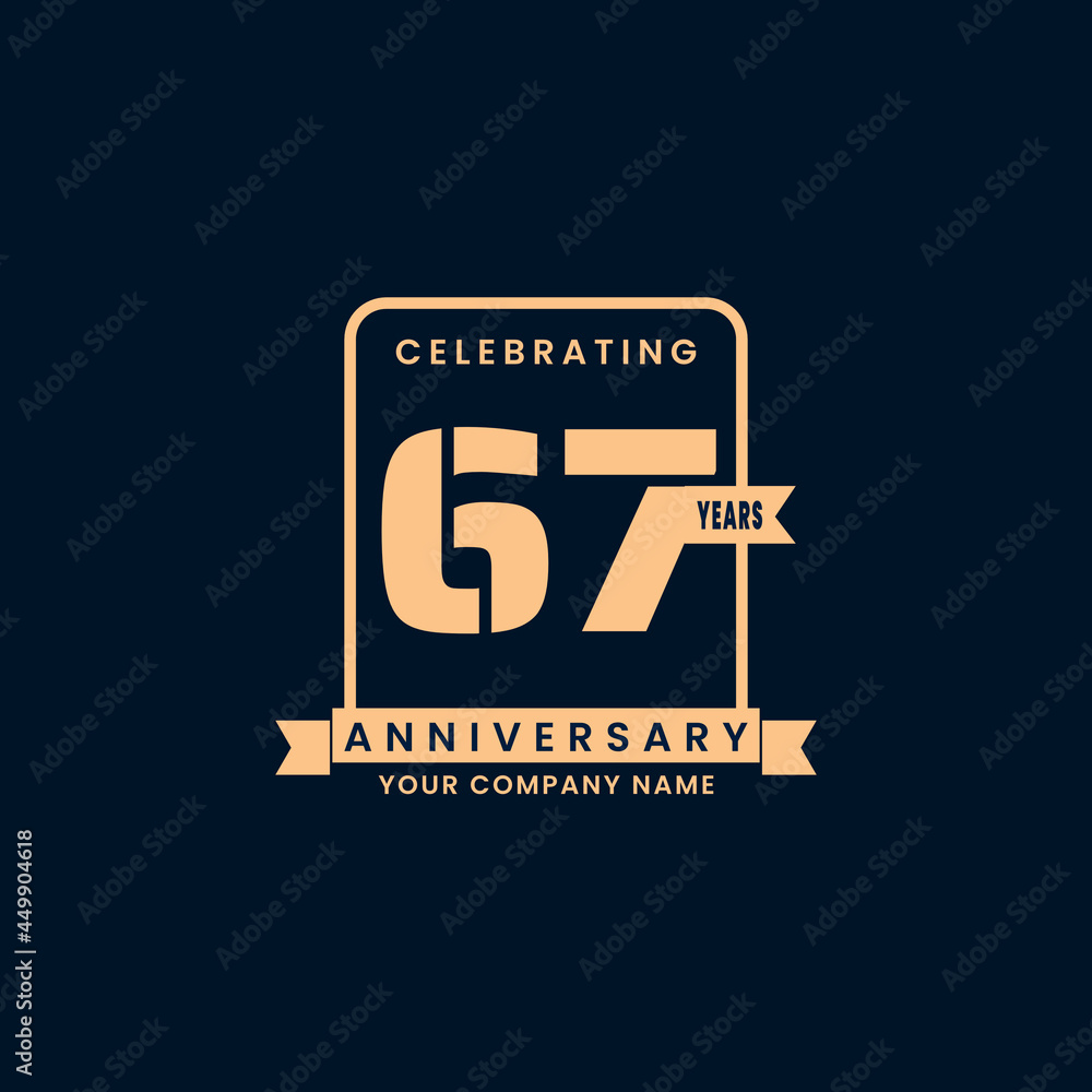 Gold modern 67 year anniversary logo. birthday. Celebration. Celebrating. element. Tape