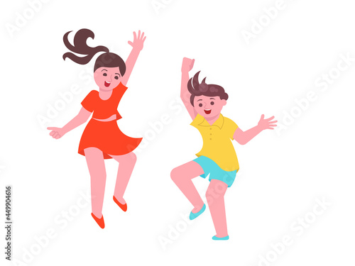 Children boy and girl jumping and laughing