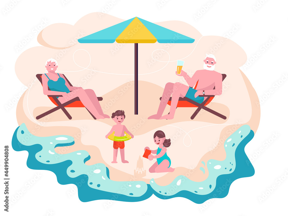 Happy family Grandparents spending time with grandchildren on the beach
