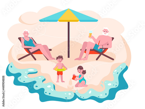 Happy family Grandparents spending time with grandchildren on the beach