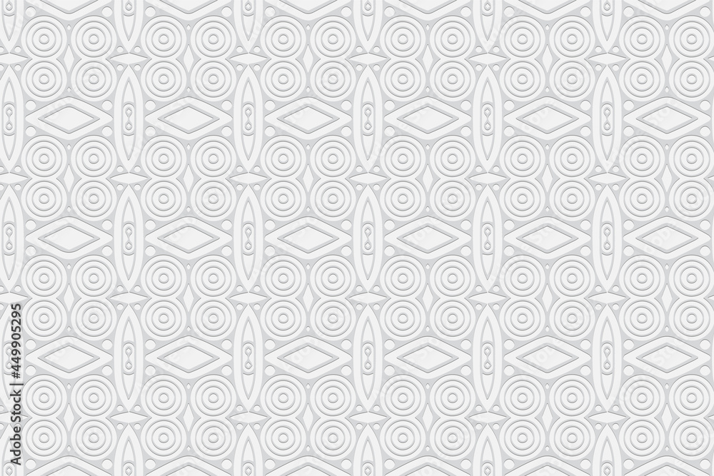 3d volumetric convex embossed geometric white background. Handmade pattern. Ethnic oriental, Asian, Indonesian ornament, decorative arabesque for design and decoration.