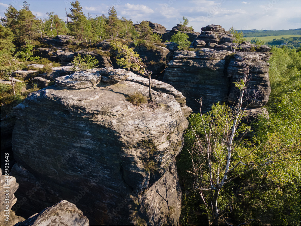 Top down aerial view of sandstone rock formations in Tisá, Czech republic. Popular rock climbing location