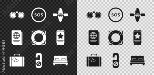 Set Binoculars, Location with SOS, Kayak or canoe, Suitcase, Please do not disturb, Big bed, Passport and Lifebuoy icon. Vector