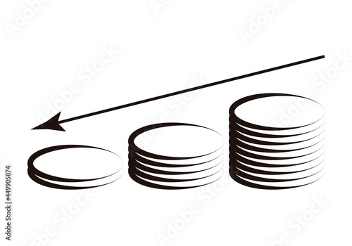 icono negro de monedas en decrecimiento por crisis.