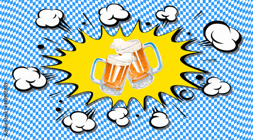 Oktoberfest. Bright colorful illustration on a blue checkered background.