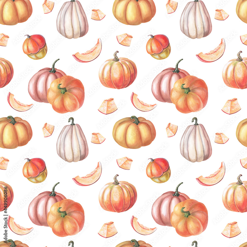 Watercolor red pumpkin and autumn leaves on white background. Seamless patterns Watercolor red pumpkin and autumn leaves on white background. Seamless patterns
