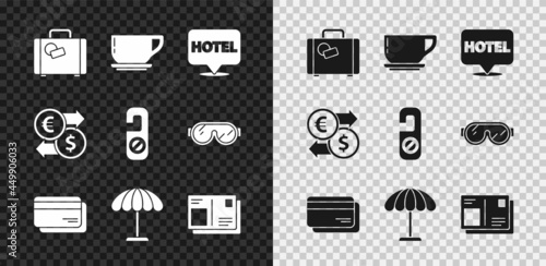 Set Suitcase, Coffee cup, Location hotel, Credit card, Sun protective umbrella for beach, Passport with visa stamp, Money exchange and Please do not disturb icon. Vector