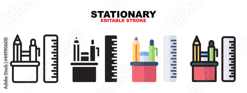 Outline, glyph black, flat color and filled line color, icon symbol set, stationery concept, Isolated vector design, editable stroke