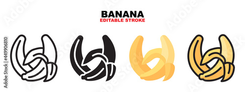 Outline, glyph black, flat color and filled line color, icon syambol set, banana concept, Isolated vector design, editable stroke