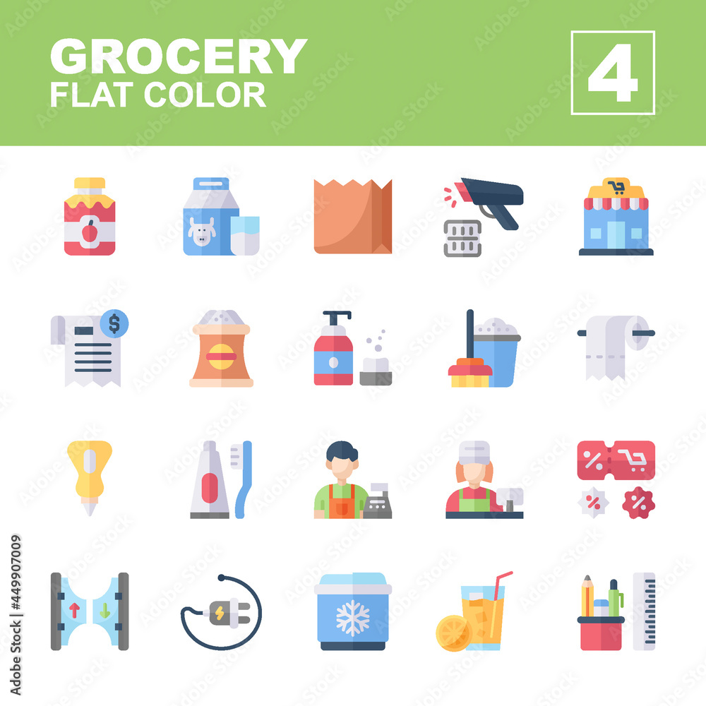 Icons Set of Grocery, Flat color style, Contains such of jam, milk, paper bag, flour, toothbrush, stationery, cleaning tool, gateway, scanner and more, you can use for web, app and more Icons Set of Grocery, Flat color style, Contains such of jam, milk, paper bag, flour, toothbrush, stationery, cleaning tool, gateway, scanner and more, you can use for web, app and more