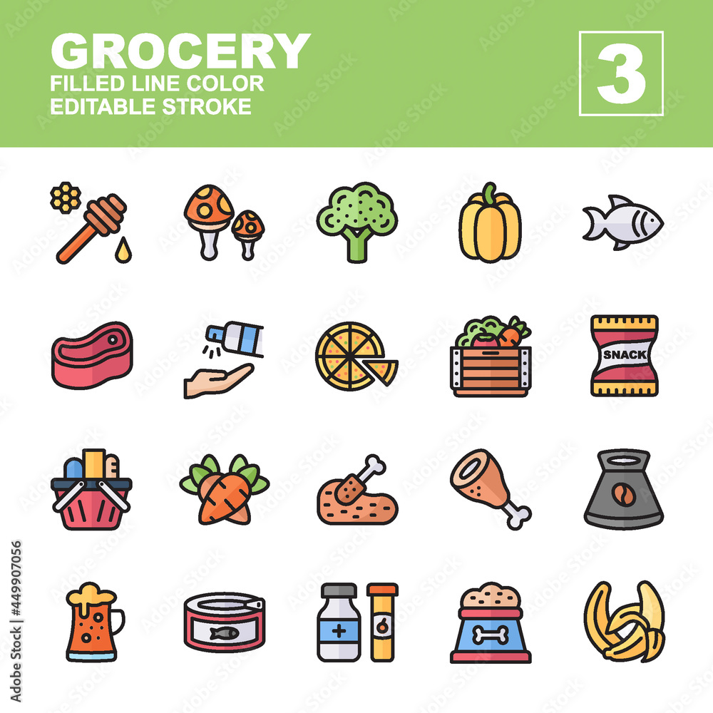 Icons Set of Grocery, Filled line color style, Contains such of honey, vegetables, pet food, vitamin and medicine, fish, meat, canned food, fruit, drink and more, you can use for web, app and more