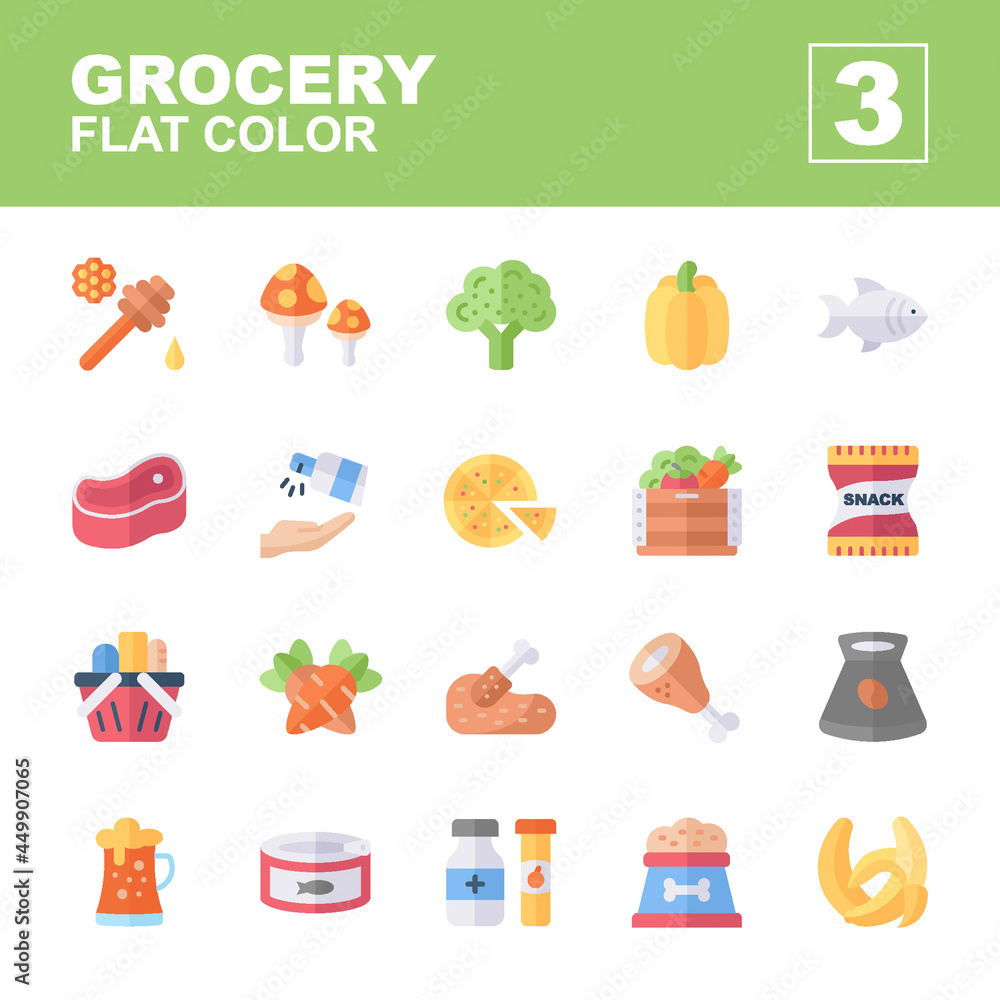 Icons Set of Grocery, Flat color style, Contains such of honey, vegetables, pet food, vitamin and medicine, fish, meat, canned food, fruit, beer, snack and more, you can use for web, app and more Icons Set of Grocery, Flat color style, Contains such of honey, vegetables, pet food, vitamin and medicine, fish, meat, canned food, fruit, beer, snack and more, you can use for web, app and more