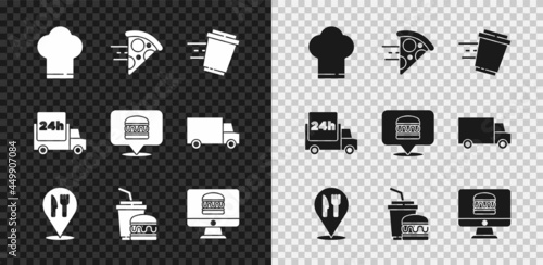 Set Chef hat, Online ordering pizza delivery, Coffee cup to go, Cafe and restaurant location, Paper glass burger, Fast by car and icon. Vector