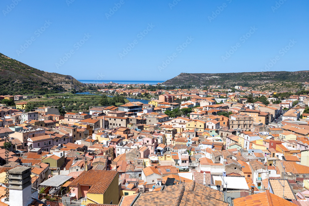 picturesque village of Bosa with its multicolored houses along the mouth of the river Temo. Bosa, Oristano, Sardinia, Italy, Europe