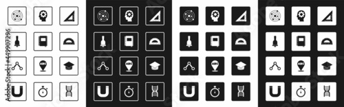 Set Triangular ruler, Book, Ringing bell, Solar system, Protractor, Head with gear inside, Graduation cap and Molecule icon. Vector