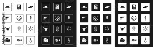 Set Gold bars, Revolver cylinder, gun, Western cowboy hat, Indian feather, Wanted western poster, Hexagram sheriff and Buffalo skull icon. Vector