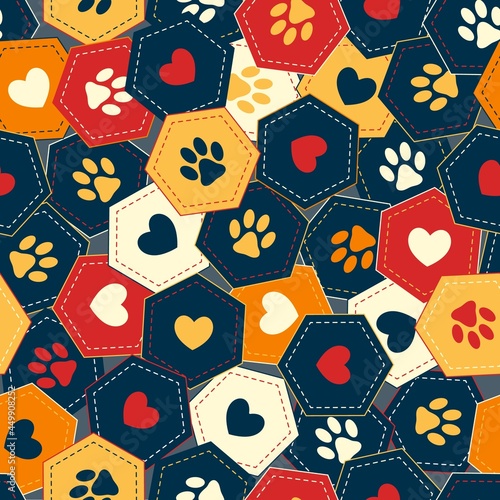 Seamless pattern background with hearts and footprints of home pet in chaotic overlapping hexagons. Vector. Good for decoration of wrap, goods for pets.
